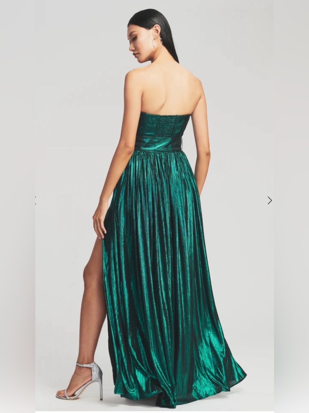 Retrofete Shimmery Emerald Strapless High-Slit Maxi Dress with Belt - Picture 2 of 15